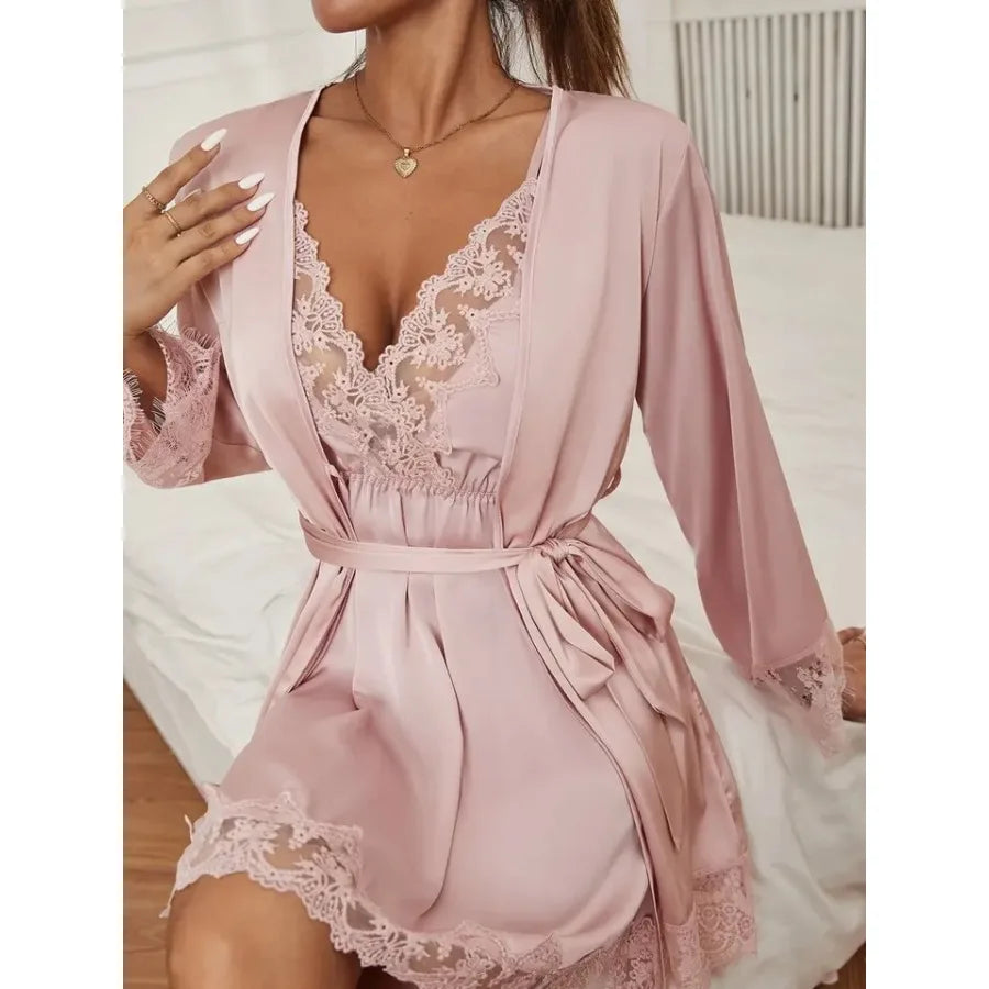 Teal Lace Trim Sleepwear Set With Robe For Women