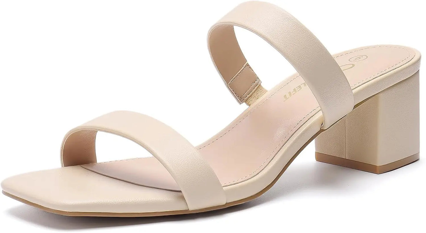 Women's Two Strap Open Toe Heels Sandals Chunky Block Comfortable Slip On Low Heel Dress Shoes