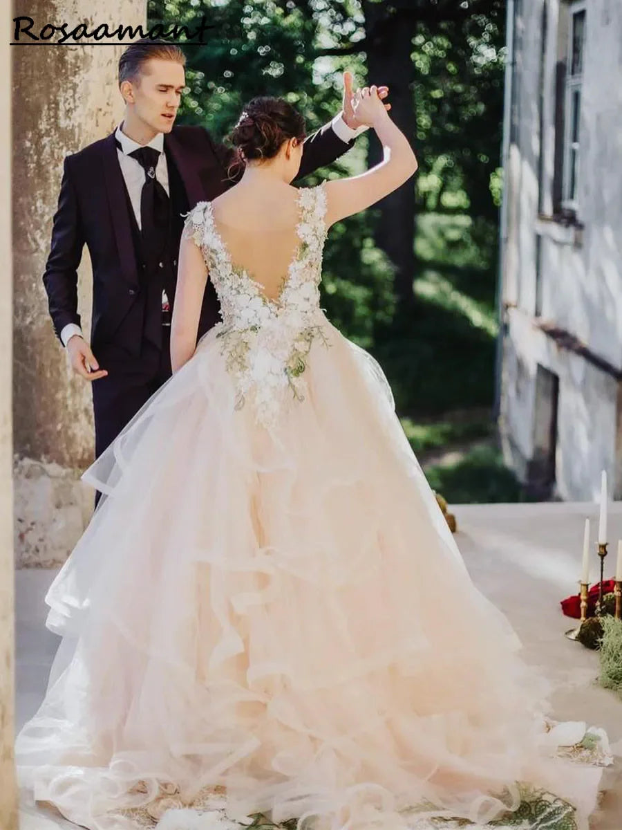 2025 Casual Dresses Garden 3D Flower Leaf Lace Wedding Dresses Gowns Modest Backless A-line Long Tulle Bridal Floral Party