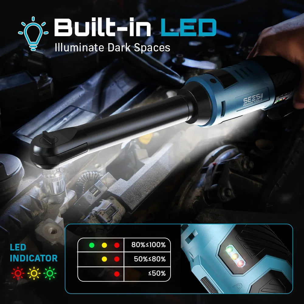 SEESII 6" Extended Ratchet Wrench 3/8"Cordless Electric Wrench 55Nm 12V Rechargeable Angle Wrench Car Repair Tools w/2 Batteries