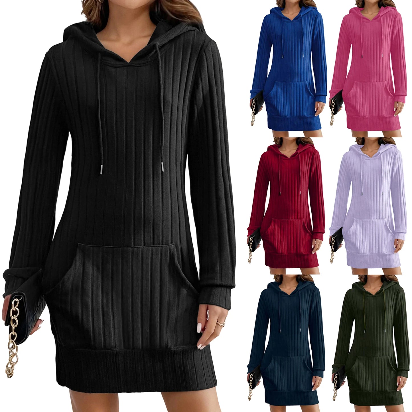 Casual Knit Hoodie Dress Long Sleeve Pocket Design Comfortable Stylish Ladies Daily Wear Slim Fit Hooded Dress