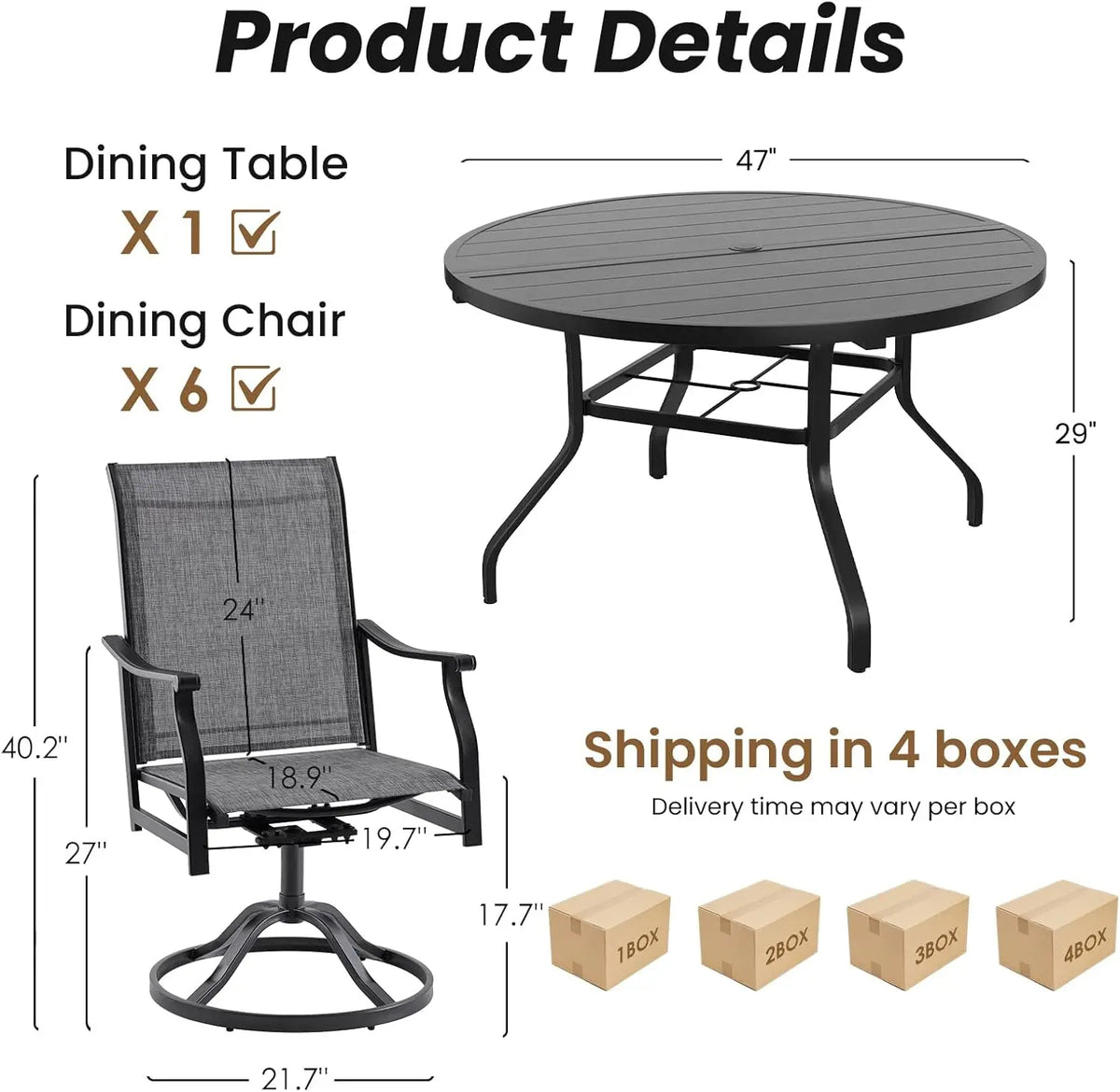 Farini 7-Piece Outdoor Dining Set for 6, 47" Round Table with 6 Swivel Chairs, All-Weather for Poolside, Backyard, Patio, Porch