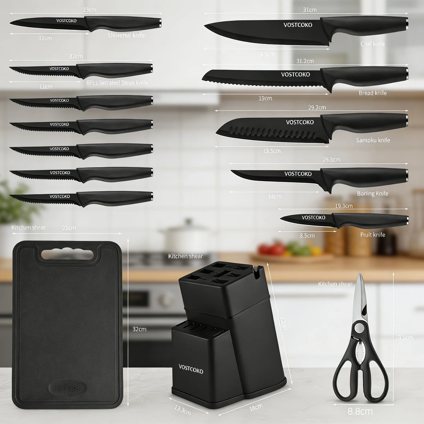 15pcs Professional Black Kitchen Knife Set, Including A Cutting Board, Chef's Knife with Non-slip ABS Handle, Plastic Cutting Bo