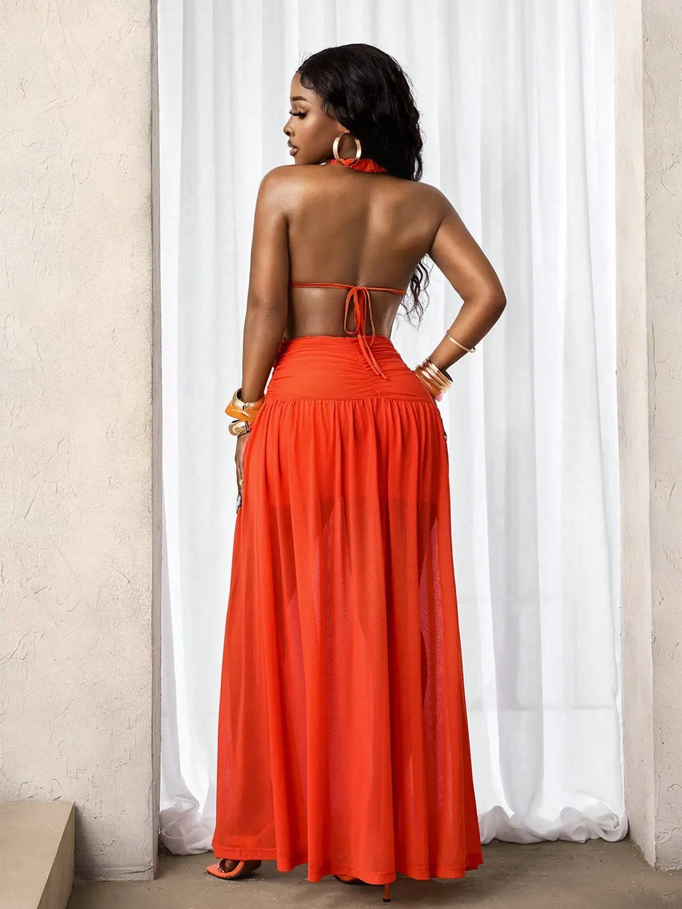 Women's Halter Neck Hollow Out Flared Maxi Beach Dress Summer Orange