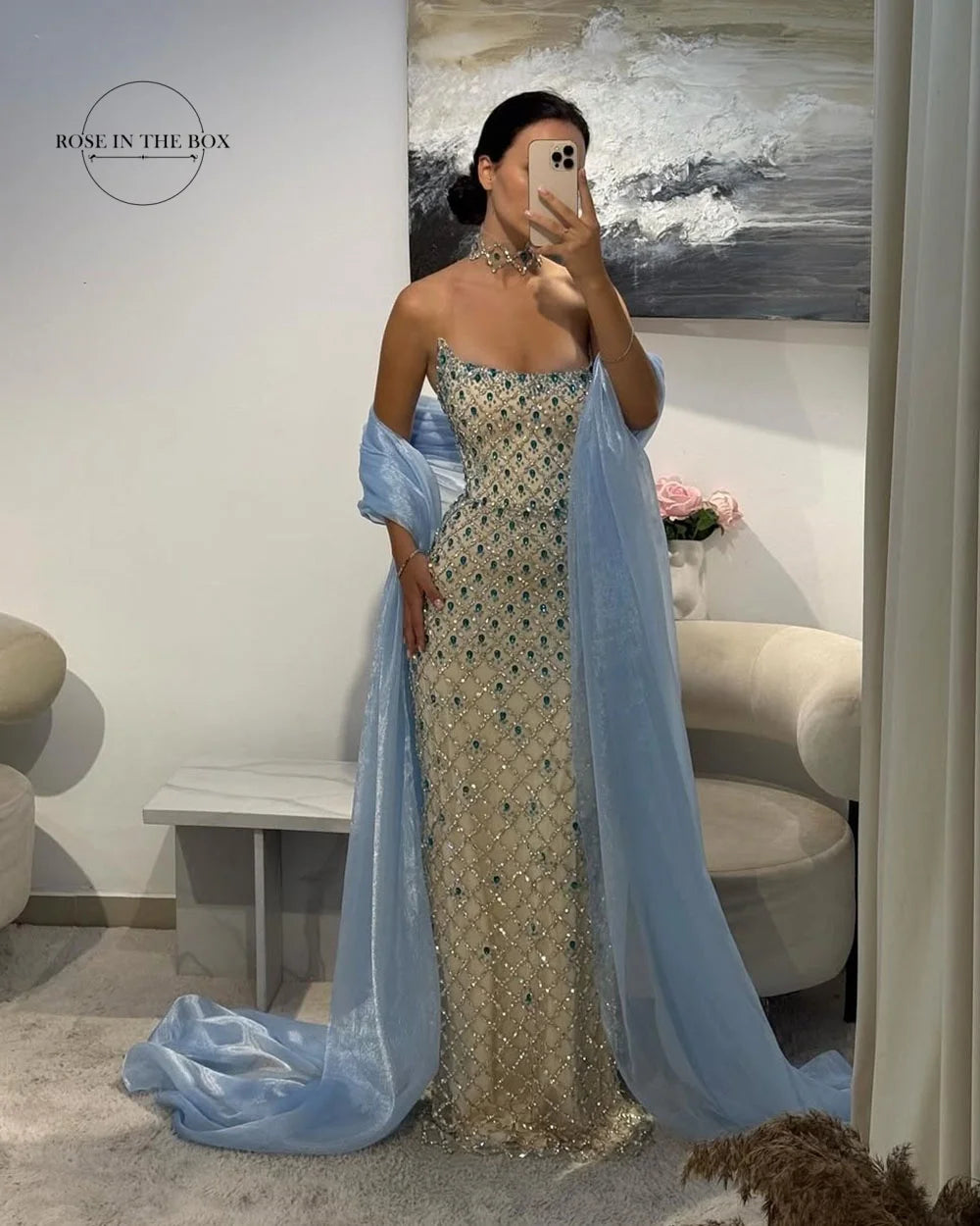 ROSEINTHEBOX Customized Exquisite Crystals Beaded Mermaid Evening Dresses with Light Blue Chiffon Shawl Formal robes de soirée