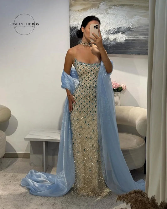 ROSEINTHEBOX Customized Exquisite Crystals Beaded Mermaid Evening Dresses with Light Blue Chiffon Shawl Formal robes de soirée