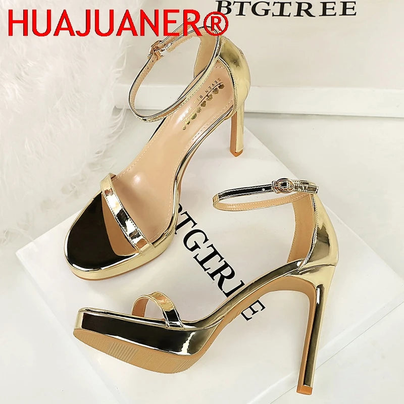 Luxury Women 11 cm Heels Sandals Women pumps Peep Toe High Heels Patent leather Stiletto Lady Sandals Summer Shoes Platform Heel