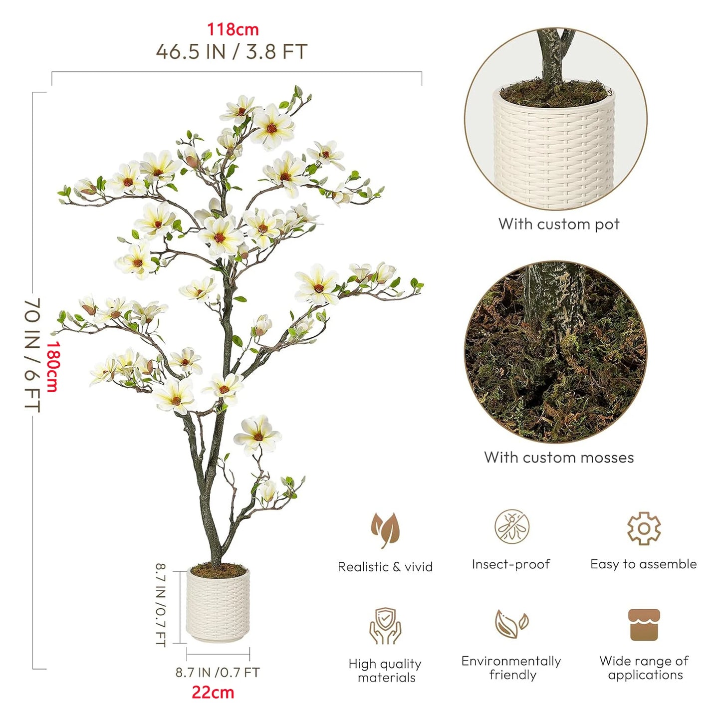 Artificial Magnolia Plant Faux Flower Trees Fake Plants with LED Light for Yard Patio Home Office Arrangement Decor