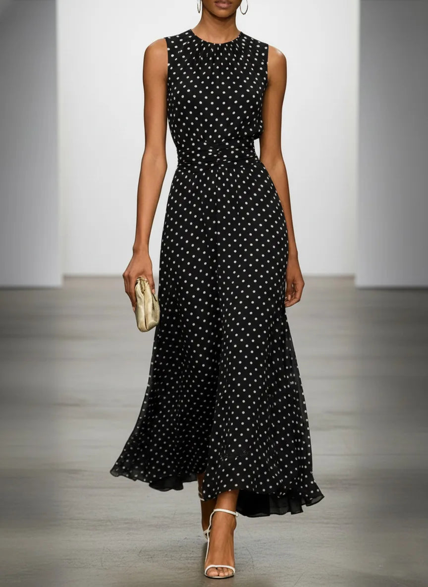 Polka Dot Maxi Dresses Women Elegant Square Neck Lotus Hem Long Gowns Chic Lady Sleeveless High Waist Cinched Summer Robes