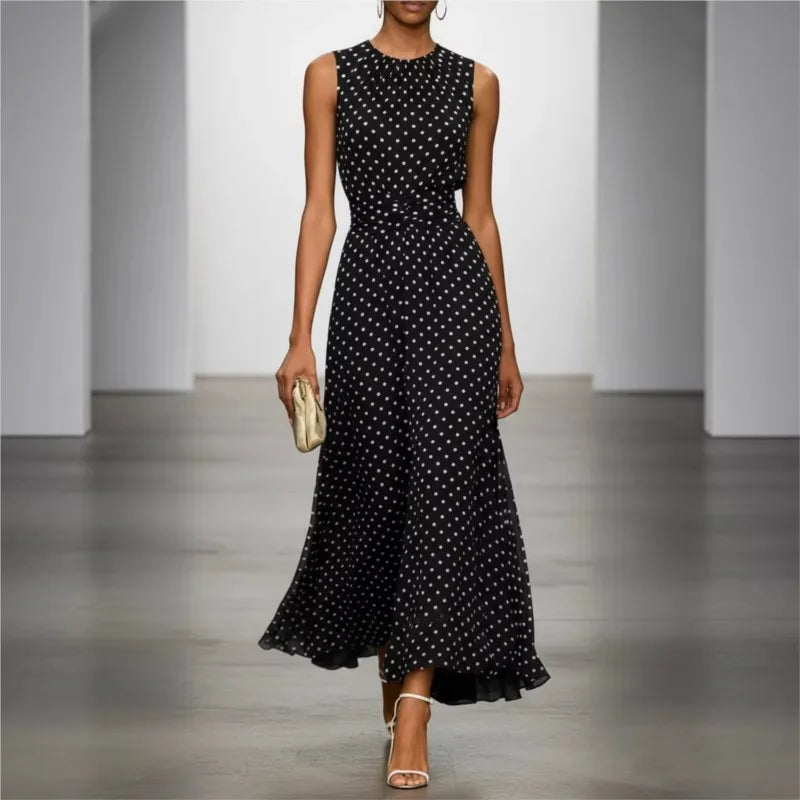 Polka Dot Maxi Dresses Women Elegant Square Neck Lotus Hem Long Gowns Chic Lady Sleeveless High Waist Cinched Summer Robes