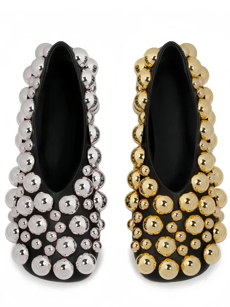 European AndAmerican Nichelightluxurycolorblocked Rivet Flat Bottomed Shallow Mouth Single Shoe Women's Fashion Runway Slippers