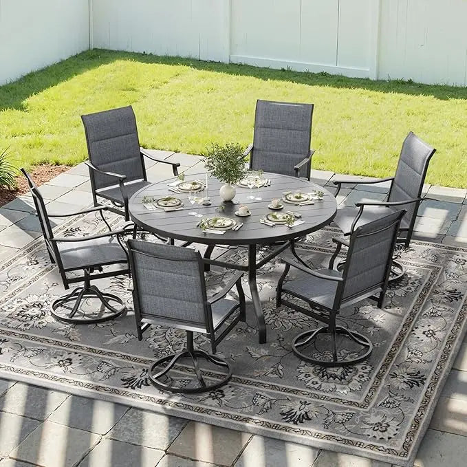 Farini 7-Piece Outdoor Dining Set for 6, 47" Round Table with 6 Swivel Chairs, All-Weather for Poolside, Backyard, Patio, Porch