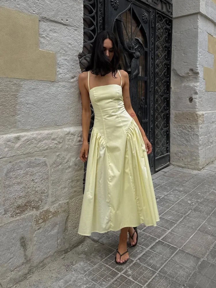 Solid Pleated Sling Dress Women Elegant Sleeveless Backless Off Shoulder Patchwork Midi Dresses 2026 Lady Vacation Street Robe
