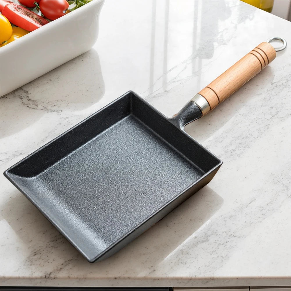 Cast Iron Tamagoyaki Pan Wood Handle Oven Safe with Oil Brush and Shovel Egg Omelette Pan Non Scald for Omelets, Steak & Camping