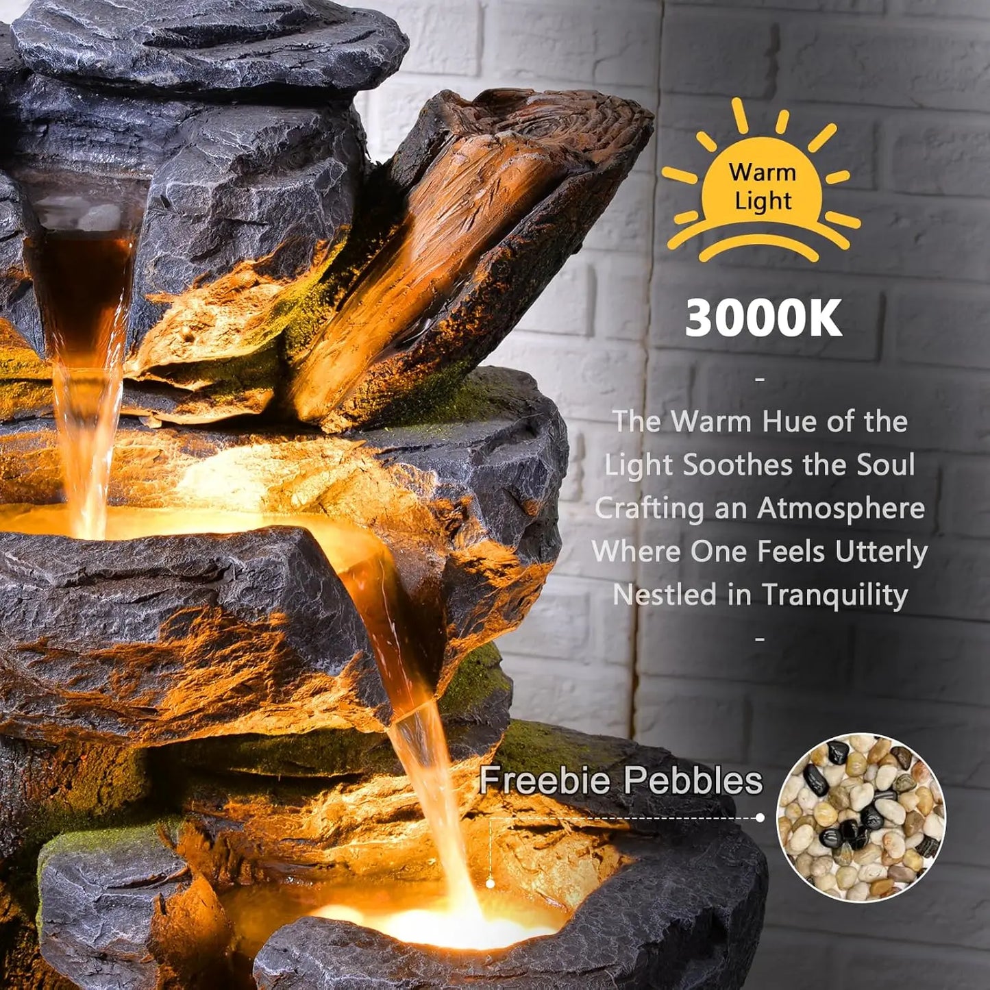 Large Water Fountain Outdoor - 5 Tiers Cascade Floor Standing Rock Wood Like Waterfall Fountain with LED Lights, Custom