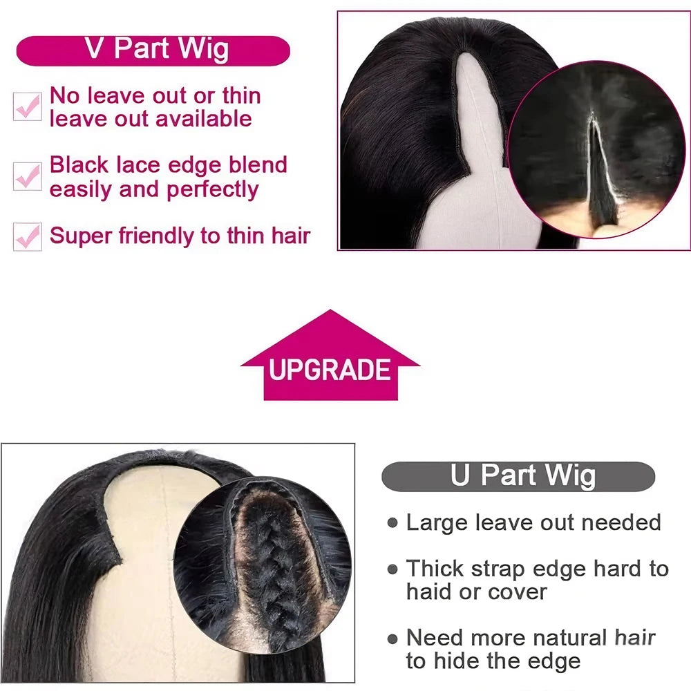 250% Density Straight V part wig Human Hair Beginnger Friendly 40 Inch Glueless V Part Human Hair Wigs No Leave Out Easy Install