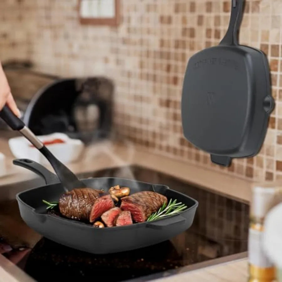 10.5 Inch Cast Iron Square Grill Pan with Tempered Glass Lid Heavy Steak and Bacon Pans for Stove Tops