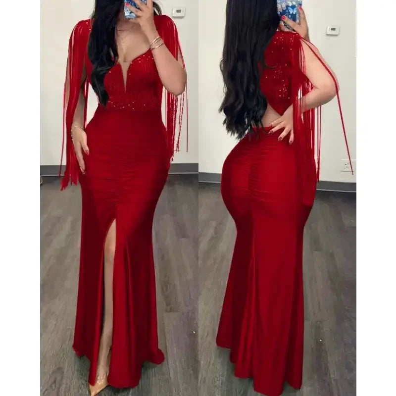 BWQ Elegant Evening Party Dresses For Women Rhinestone Cold Shoulder Slit Ruched Dress New Fashion Female Clothing Bodycon Dress