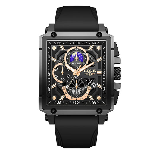New LIGE Mens Watches Top Brand Luxury Hollow Square Sport Watch For Men Fashion Silicone Strap Waterproof Quartz WristWatch+Box