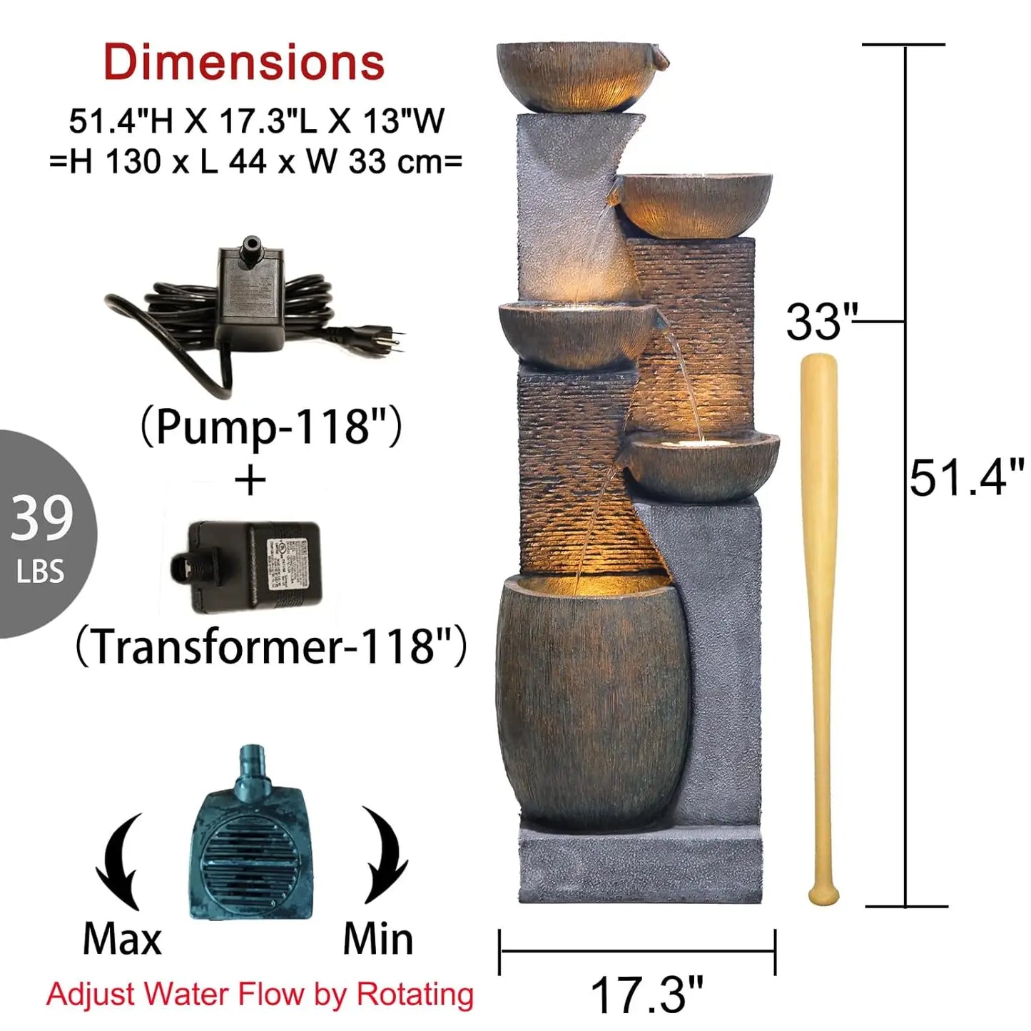 51.4" H Outdoor Garden Water Fountain for Garden, Patio, Backyard, Deck, Porch and Home Art Decor, 5 Tiers Modern, Custom