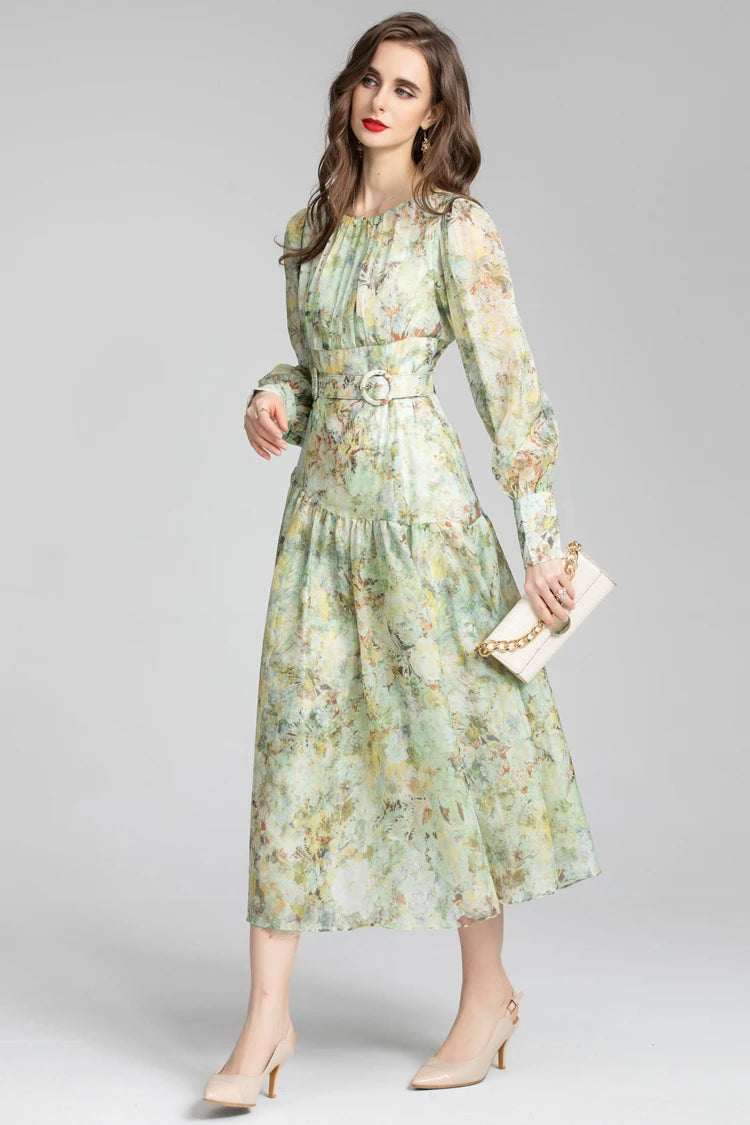 Women's Runway Dresses O Neck Long Sleeves Printed Drop Waist Elegant Fashion Designer Dress Vestidos