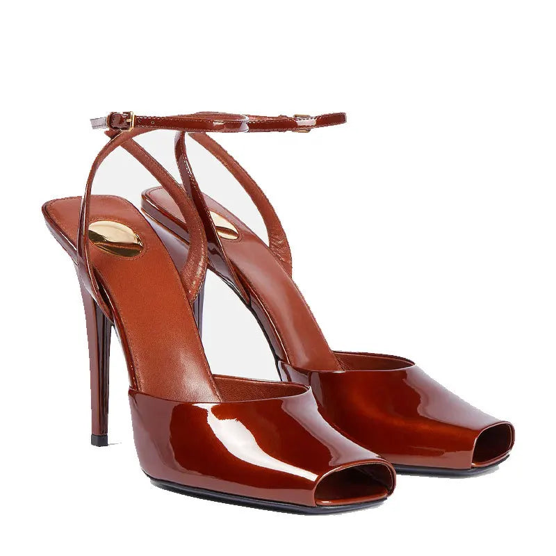 2025 New Square Toe Small Fish Mouth Straight Buckle with Slim High-heeled Fashion Patent Leather Sandals with Straps for Women