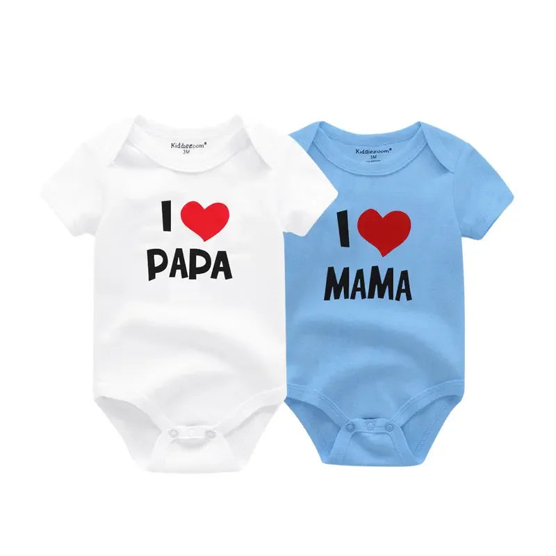 Newborn Twin 2 Pcs Baby Bodysuits - Four Seasons 100% Soft Cotton "I love Papa Mama" Onesies for Boys Girls