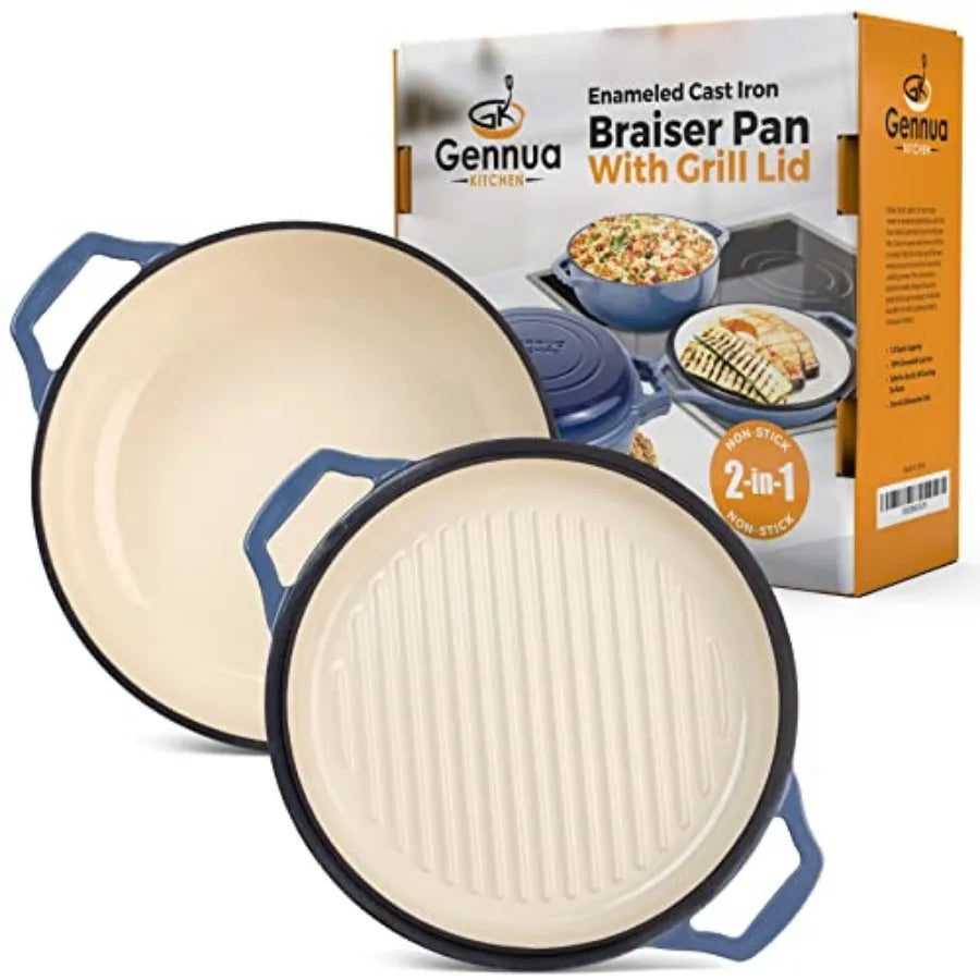 2-in-1 Enameled Cast Iron Braiser Pan with Grill Lid - 3.3-Quart Small Dutch Oven Serves as Both Casserole and Stovetop Grill P
