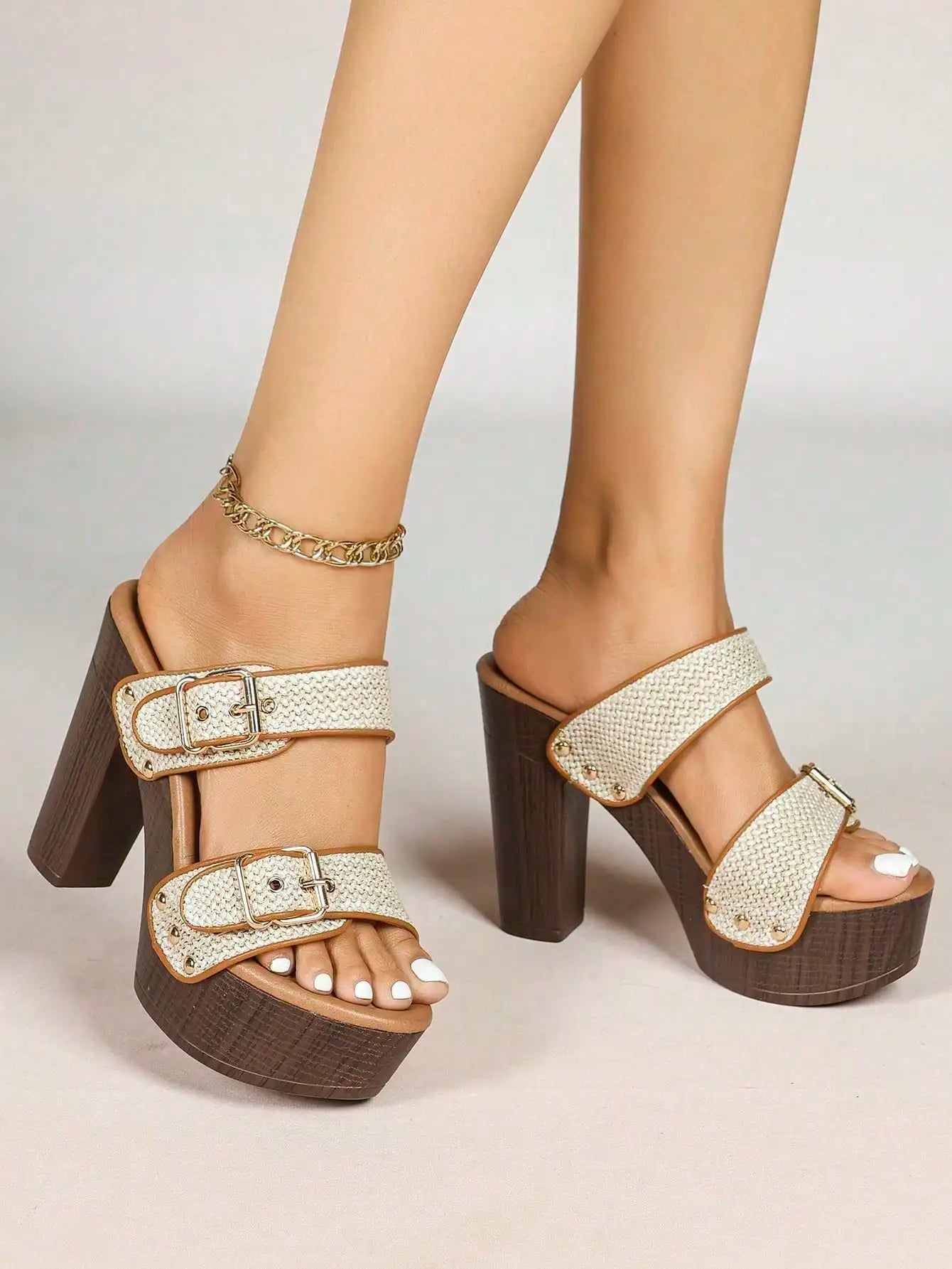 Women Fashion Chunky Platform Block High Heel Summer Sandal With Ankle Strap And Stud Peep Toe Mule Sandals Heel Shoes