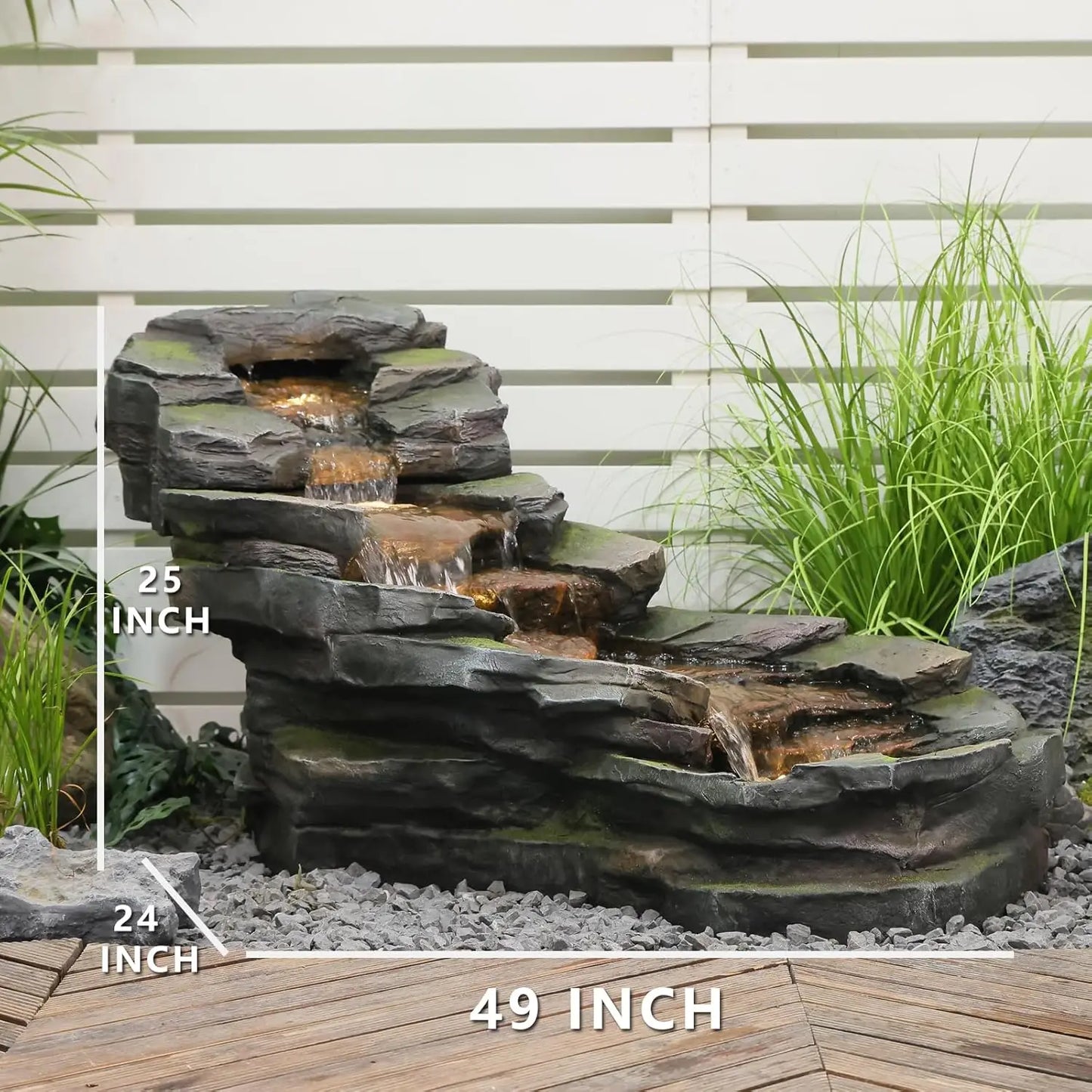 49" L Garden Outdoor Water Fountain 5-Tiers Rock Natural Waterfall Fountains Floor Standing Water Features with LED, Custom