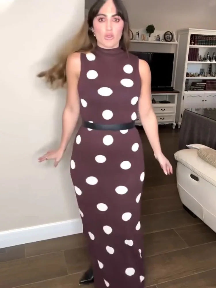 HH Summer Sleeveless Turtleneck Retro Polka Dot Sexy Slim Knit Dress For Women 2026 Fashion Elegant Party Long Dress Mujer