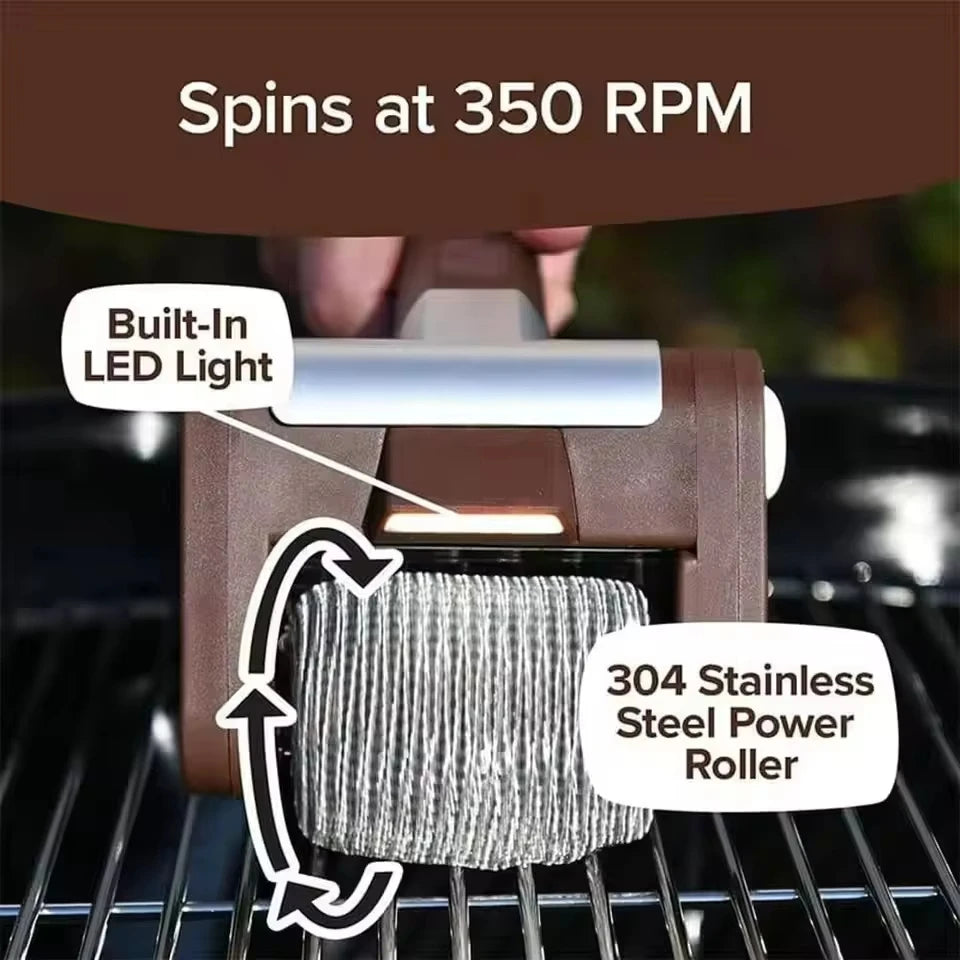 350RPM Electric Roller Grill Brush with Replaceable Brush Head Stainless Steel Grill Cleaner Rechargeable Barbecue Cleaner Tools