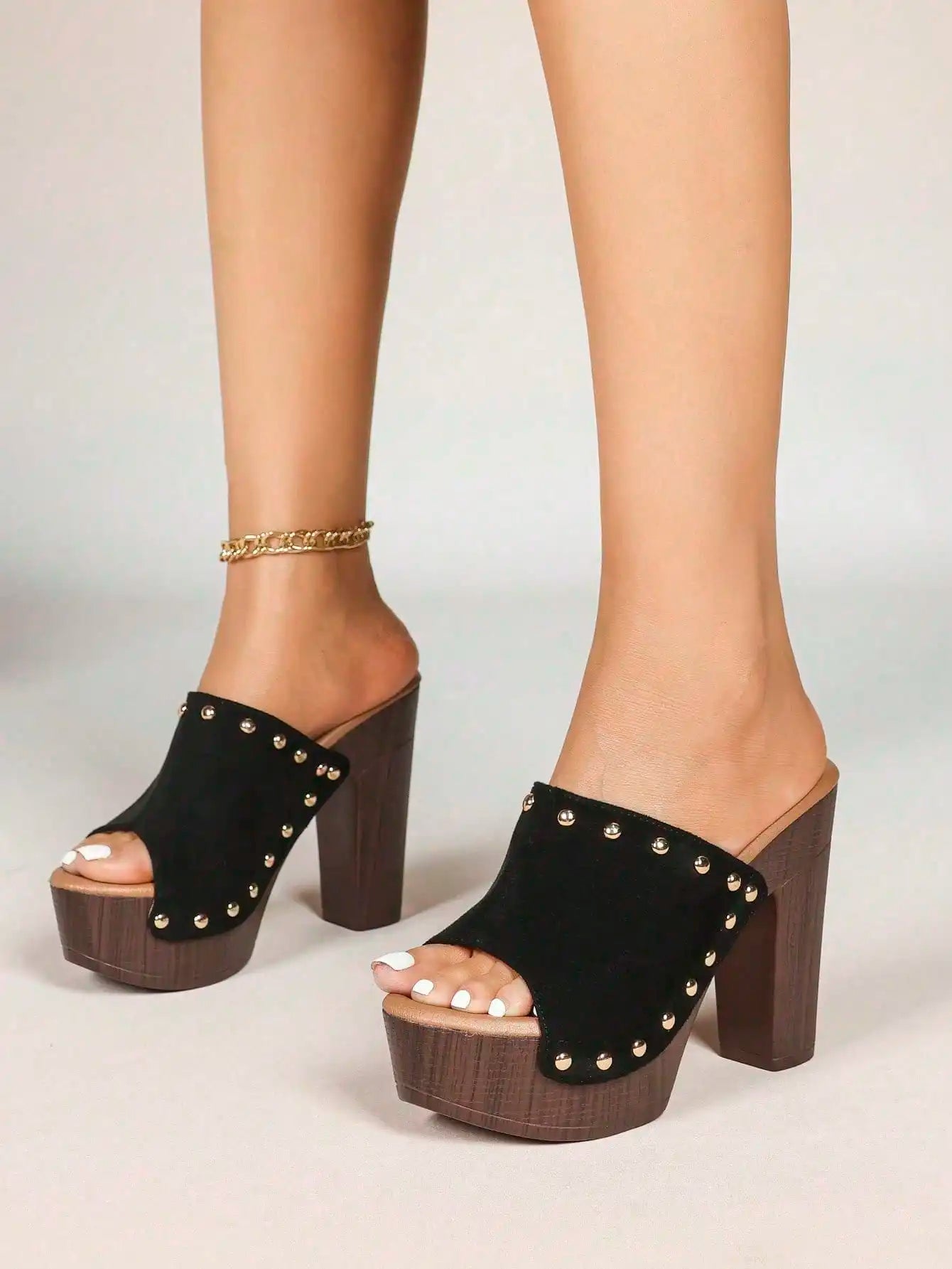 Women Bold Buckles Studded High Chunky Platform Heels For Women Fashion Comfort Slip On Round Open Toe Sandals