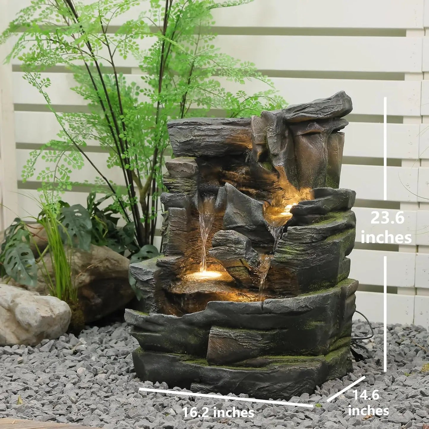 23.6" H Outdoor Water Fountain with 5 Tiers Cascading Realistic Rock Waterfall Fountains with LED Lights Outdoor Water Fountain