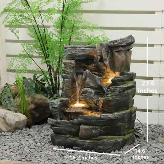 23.6" H Outdoor Water Fountain with 5 Tiers Cascading Realistic Rock Waterfall Fountains with LED Lights Outdoor Water Fountain
