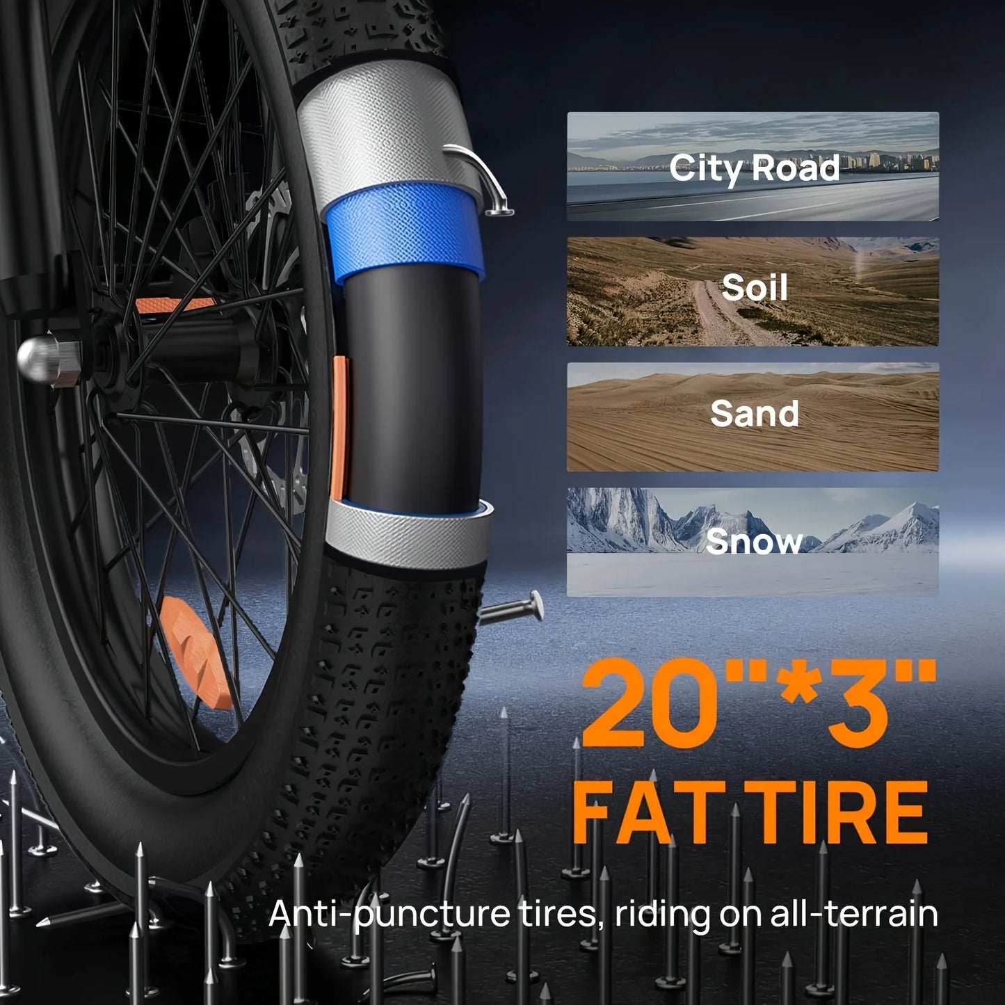 20x3" Off-Road Fat Tire E-Bike - 1000W All-Terrain Monster 48V 13Ah Removable Battery 20MPH Speed 7-Speed Gears