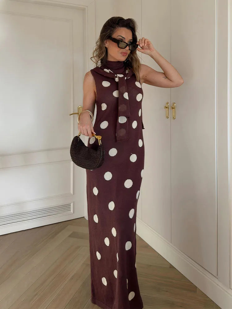 HH Summer Sleeveless Turtleneck Retro Polka Dot Sexy Slim Knit Dress For Women 2026 Fashion Elegant Party Long Dress Mujer