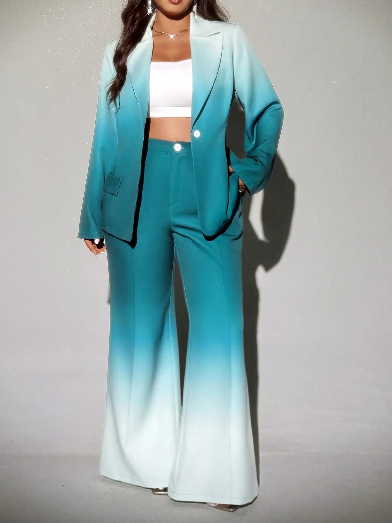 Plus Size Ombre Flared Suit Set for Women, Elegant Blazer & Wide Leg Pants, Fall Winter Stylish Outfit