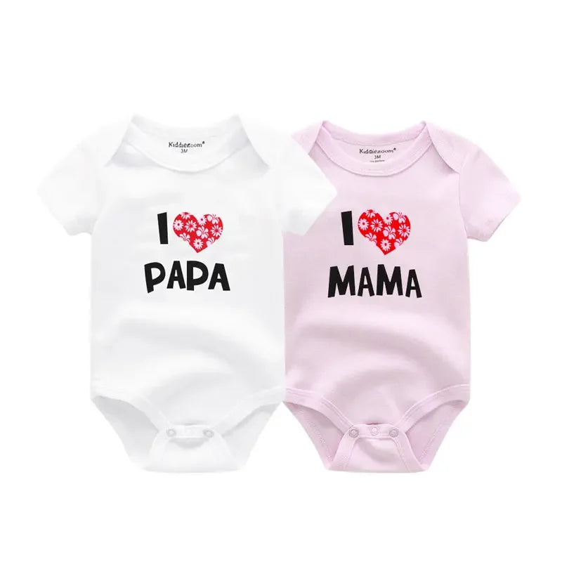 Newborn Twin 2 Pcs Baby Bodysuits - Four Seasons 100% Soft Cotton "I love Papa Mama" Onesies for Boys Girls