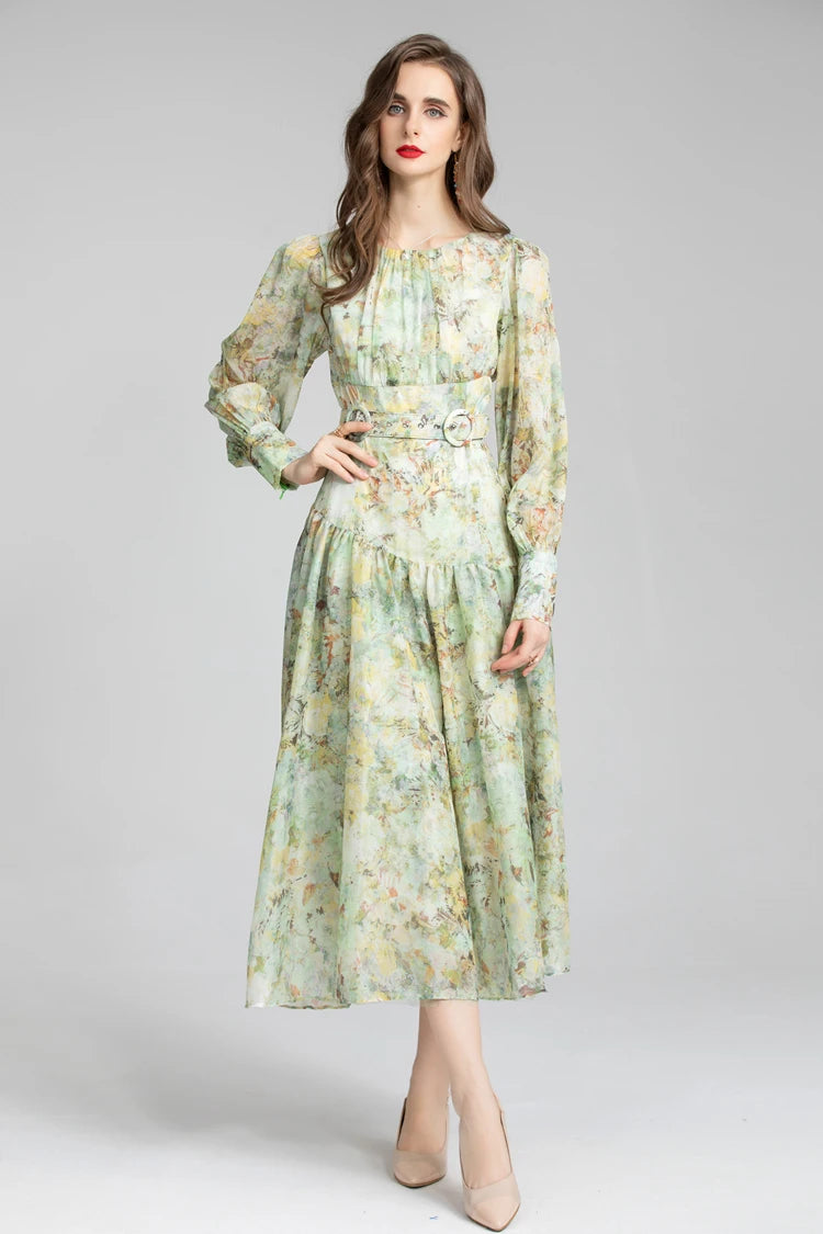 Women's Runway Dresses O Neck Long Sleeves Printed Drop Waist Elegant Fashion Designer Dress Vestidos