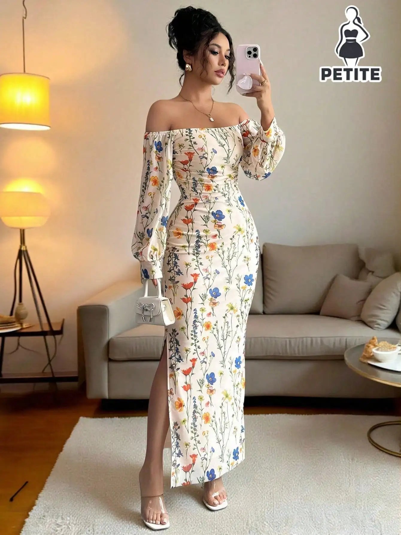 Off Shoulder Floral Print Long Sleeve Maxi Dress With Side Slit