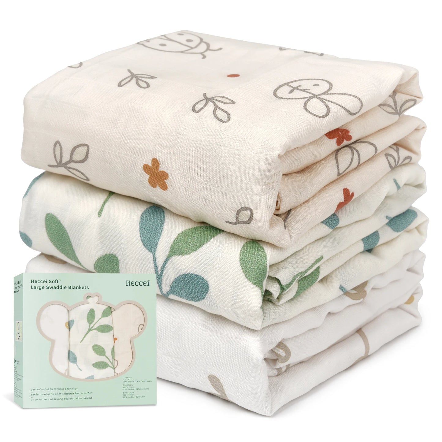 HECCEI Muslin Swaddle Blanket - Baby Muslin Blanket Large Swaddles 47 x 47 inches Bamboo and Cotton Baby Receiving Blanket