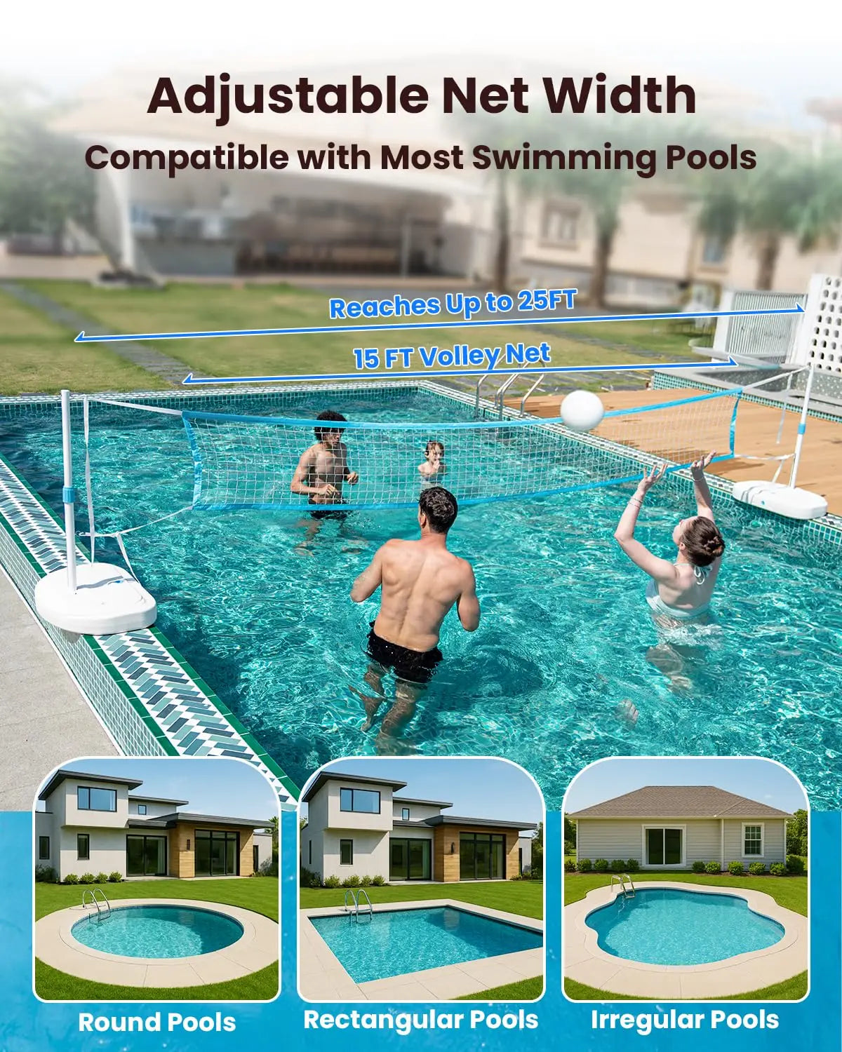 Pool Volleyball Net Set, Pool Volleyball Set with 15 Ft Length Net, Height Adjustable Volleyball Net for Pool,, Custom