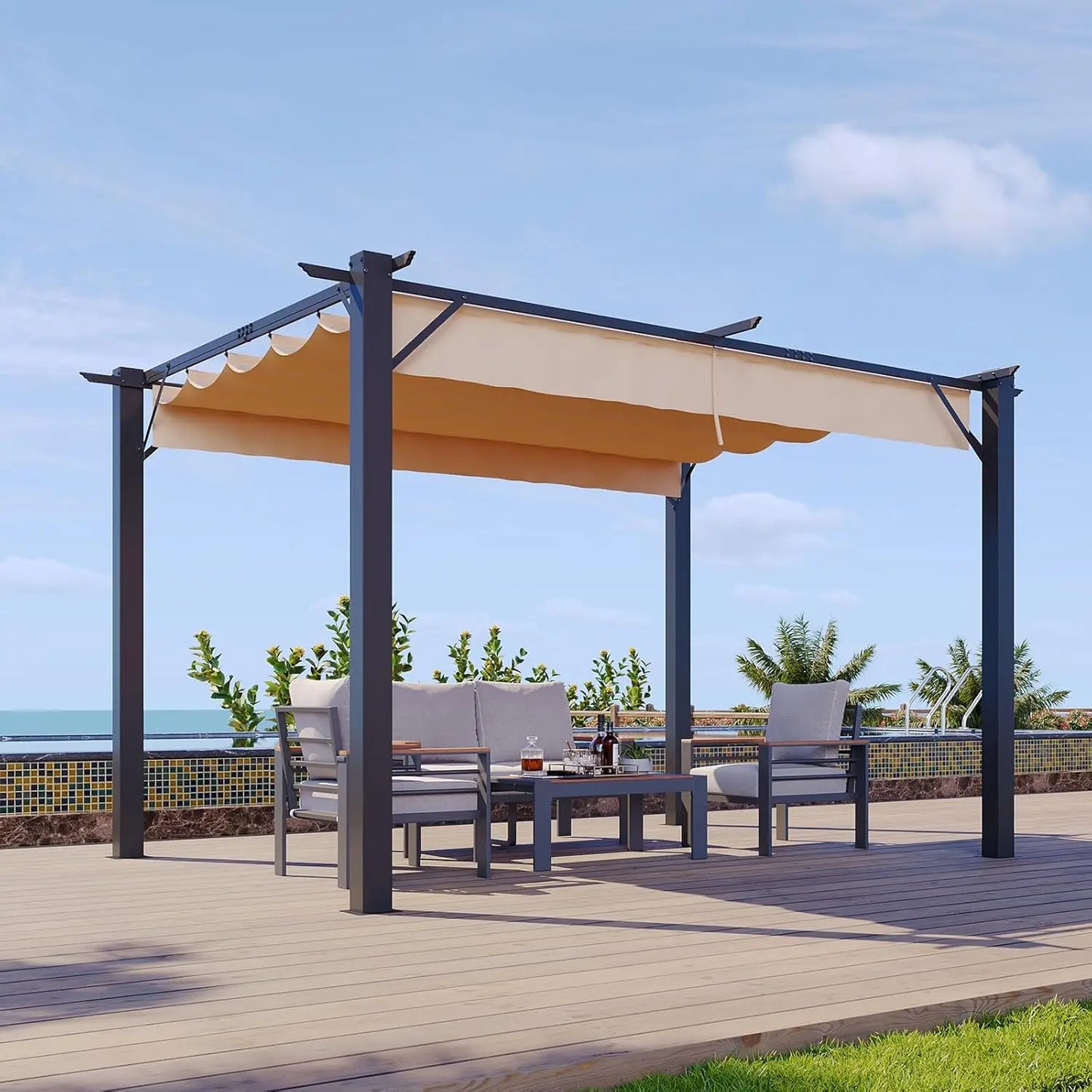 10'x12' Retractable Pergola, Heavy-Duty Metal Frame with Adjustable Canopy for Backyard Deck Garden