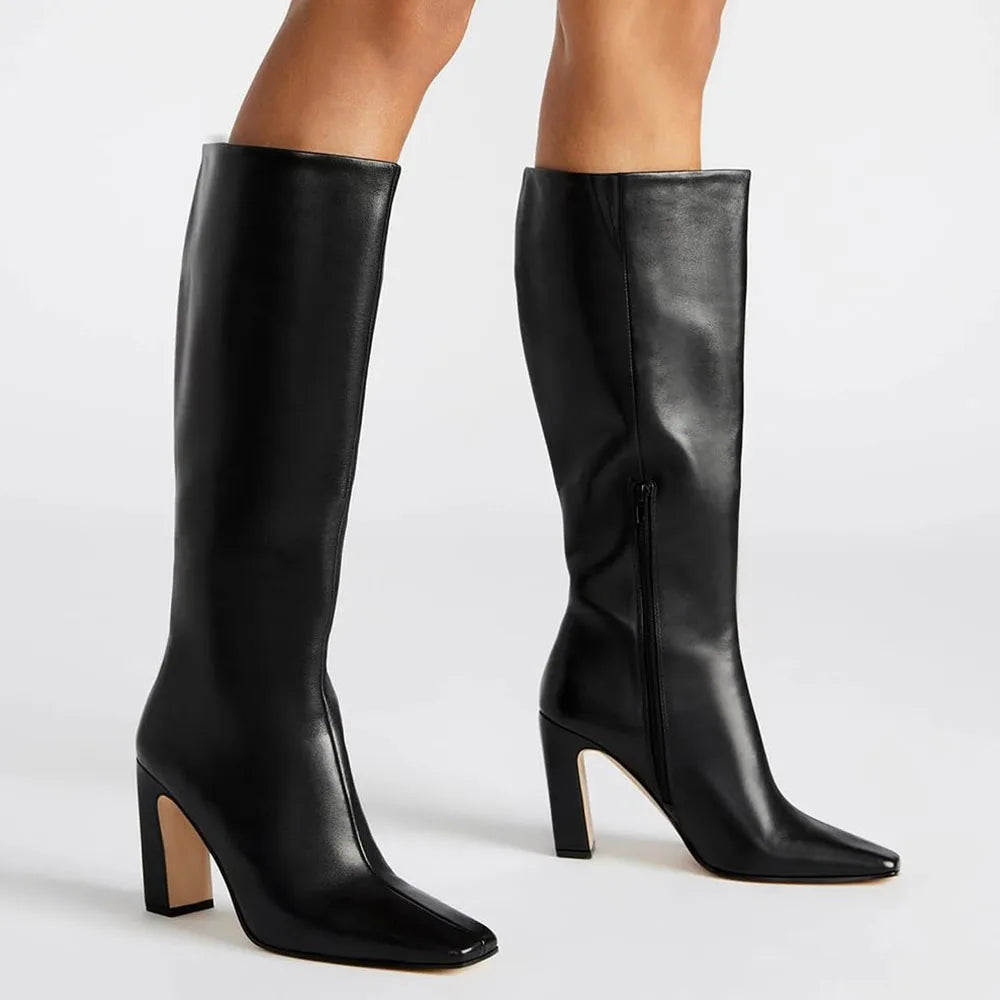 GIGIFOX Women Chunky High Heel Boots Square Toe Pull-on Side Zipper Knee High Shoes Elegant Fashion Dress Party Boots For Woman