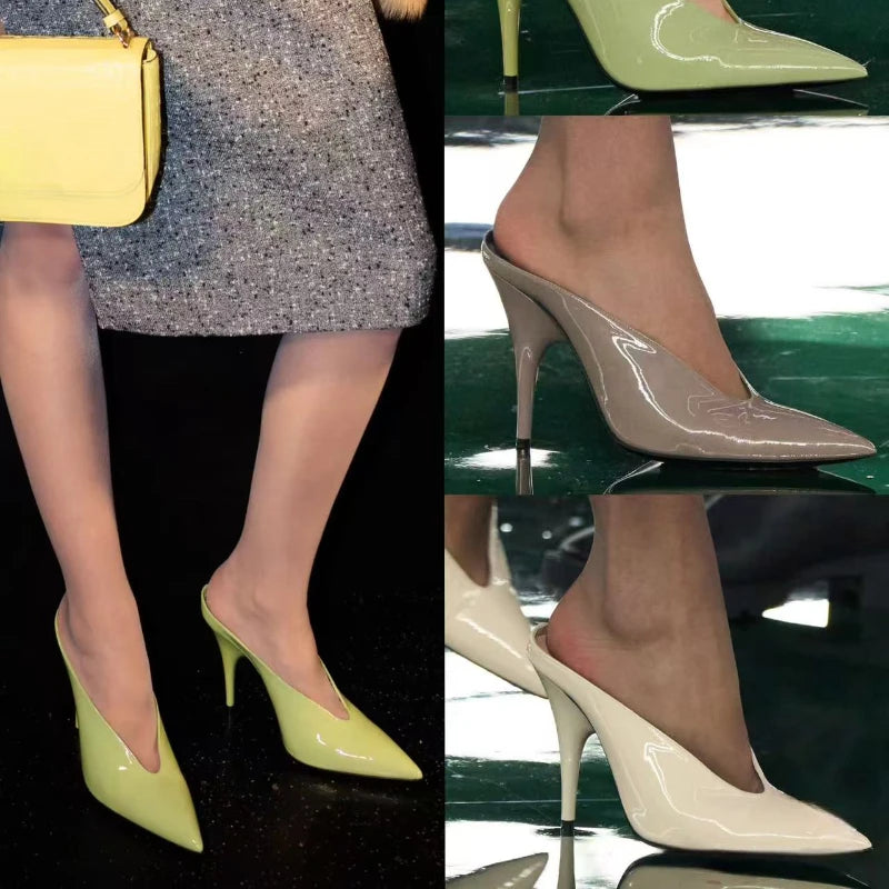 European and American Style Slim High Heels with Toe Caps, Women's Fashionable Outer Wear, Shallow Patent Leather Single Shoes