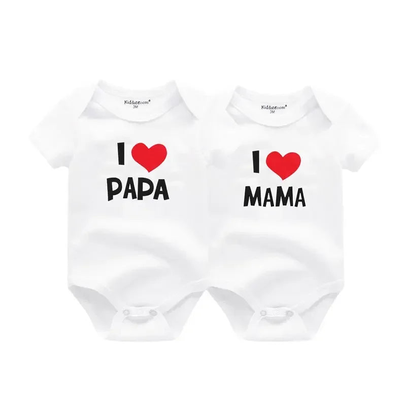 Newborn Twin 2 Pcs Baby Bodysuits - Four Seasons 100% Soft Cotton "I love Papa Mama" Onesies for Boys Girls
