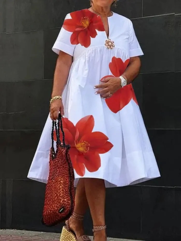 Women Midi Shirts Dress Summer New Dress 2025 V-Neck Pleated Short Sleeves White Loose Casual Flower Print A-line Dresses