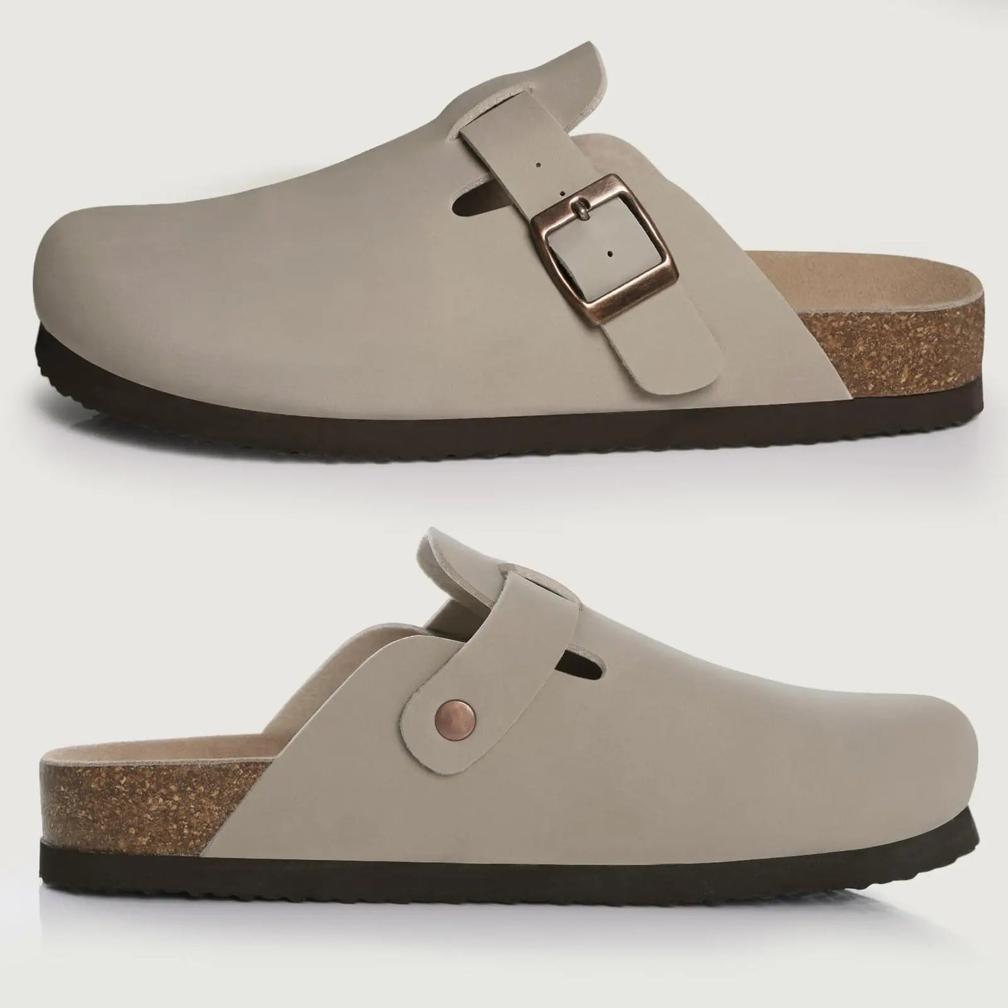 Bebealy Women's Genuine Clogs with Adjustable Strap Fashion Slip On Potato Shoes Cork Footbed Leather Mules With Arch Support