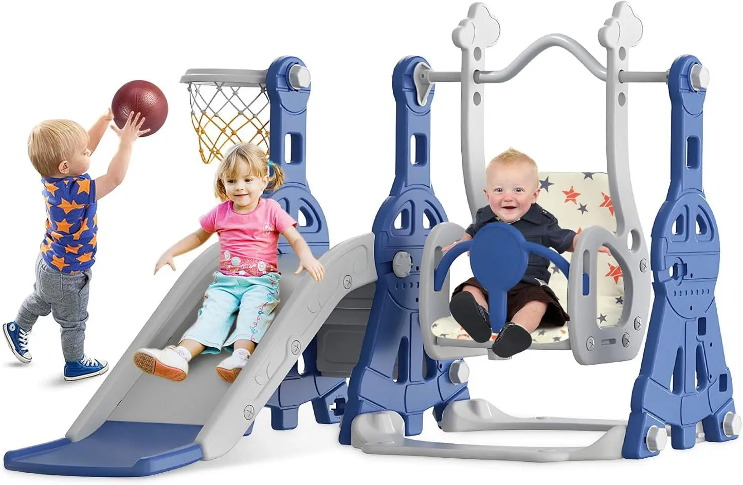 4 in 1 Toddler Slide and Swing Set, Baby Slide for Toddlers Age 1-2, with Basketball Hoop, Indoor Outdoor Toddler Playset Blue